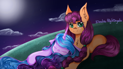 Size: 1192x670 | Tagged: safe, artist:dashienightingale, imported from derpibooru, izzy moonbow, sunny starscout, earth pony, pony, unicorn, cute, duo, female, g5, izzybetes, izzyscout, lesbian, moon, shipping, sleeping