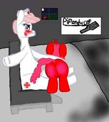 Size: 1528x1696 | Tagged: safe, artist:pipandwolf, imported from derpibooru, nurse redheart, oc, alicorn, earth pony, pony, alicorn oc, butt, horn, over the knee, plot, reddened butt, spank mark, spanked, spanking, traditional art, wings