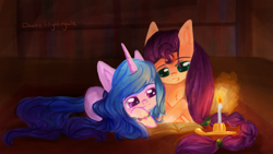 Size: 1192x670 | Tagged: safe, artist:dashienightingale, imported from derpibooru, izzy moonbow, sunny starscout, earth pony, pony, unicorn, candle, cute, duo, female, g5, izzybetes, sunnybetes