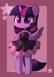 Size: 1449x2048 | Tagged: safe, artist:sakukitty, imported from derpibooru, twilight sparkle, alicorn, pony, semi-anthro, 2022, choker, clothes, cute, dress, female, mare, smiling, solo, twiabetes, twilight sparkle (alicorn)