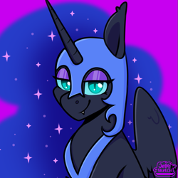 Size: 827x827 | Tagged: safe, artist:jellysketch, imported from derpibooru, nightmare moon, alicorn, pony, armor, bust, ethereal mane, fangs, female, galaxy mane, helmet, horn, lidded eyes, looking at you, mare, nicemare moon, portrait, sidemouth, signature, smiling, solo, tooth, wings