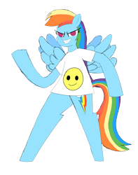 Size: 2345x2972 | Tagged: safe, artist:happyb0y95, imported from derpibooru, rainbow dash, pegasus, pony, bipedal, clothes, cute, dashabetes, female, grin, high res, mare, raised hoof, shirt, simple background, smiley face, smiling, solo, spread wings, transparent background, wings
