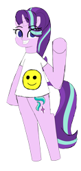 Size: 1384x2940 | Tagged: safe, artist:happyb0y95, imported from derpibooru, starlight glimmer, pony, unicorn, bipedal, clothes, cute, female, glimmerbetes, grin, horn, looking at you, mare, raised hoof, shirt, simple background, smiley face, smiling, solo, transparent background, waving, waving at you