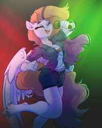 Size: 2280x2856 | Tagged: safe, artist:witchtaunter, imported from derpibooru, oc, oc only, oc:spearmint dash, anthro, pegasus, unguligrade anthro, clothes, eyes closed, female, mare, microphone, open mouth, open smile, performance, singing, smiling, solo