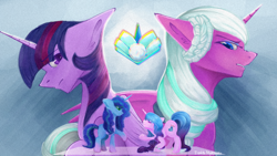 Size: 1192x670 | Tagged: safe, artist:dashienightingale, imported from derpibooru, izzy moonbow, opaline arcana, twilight sparkle, alicorn, pony, unicorn, spoiler:g5, crystal, earth pony crystal, female, g5, mare, misty brightdawn, pegasus crystal, unicorn crystal, unity crystals