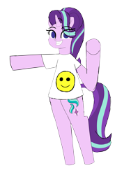 Size: 1941x2940 | Tagged: safe, artist:happyb0y95, imported from derpibooru, starlight glimmer, pony, unicorn, bipedal, clothes, cute, female, glimmerbetes, grin, horn, looking at you, mare, pointing, raised hoof, shirt, simple background, smiley face, smiling, solo, transparent background