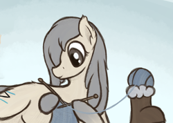 Size: 1262x898 | Tagged: safe, artist:ahorseofcourse, imported from derpibooru, oc, oc only, oc:current seeker, pony, boot, female, hair over one eye, hoof hold, knitting, knitting needles, lying down, mare, prone, solo, yakutian horse, yarn, yarn ball