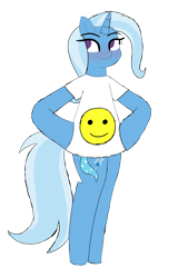 Size: 2024x3000 | Tagged: safe, artist:happyb0y95, imported from derpibooru, trixie, pony, unicorn, bipedal, blushing, clothes, cute, diatrixes, female, horn, looking away, mare, shirt, simple background, smiley face, smiling, solo, transparent background
