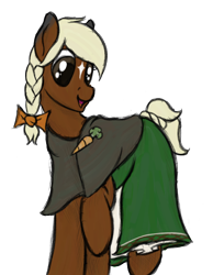 Size: 1162x1499 | Tagged: safe, artist:ahorseofcourse, imported from derpibooru, earth pony, pony, bow, braid, clothes, dress, female, hair bow, mare, miss /mlp/, miss /mlp/ 2021, open mouth, open smile, raised hoof, raised leg, simple background, smiling, solo, transparent background, verity