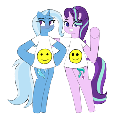 Size: 2986x2954 | Tagged: safe, artist:happyb0y95, imported from derpibooru, starlight glimmer, trixie, pony, unicorn, bipedal, blushing, clothes, cute, diatrixes, female, glimmerbetes, grin, horn, looking at you, looking away, mare, raised hoof, shirt, simple background, smiley face, smiling, transparent background