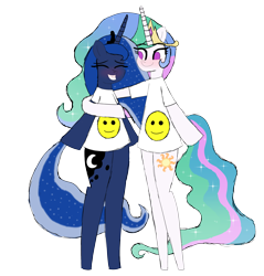 Size: 3080x3223 | Tagged: safe, artist:happyb0y95, imported from derpibooru, princess celestia, princess luna, alicorn, pony, bipedal, blushing, clothes, crown, cute, duo, eyes closed, female, grin, horn, jewelry, mare, regalia, royal sisters, shirt, siblings, simple background, sisters, smiley face, smiling, transparent background