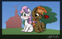 Size: 1395x885 | Tagged: safe, artist:agent-diego, imported from derpibooru, button mash, sweetie belle, earth pony, pony, unicorn, blushing, colt, female, filly, flower, foal, male, ponyville schoolhouse, rose, shipping, straight, sweetiemash