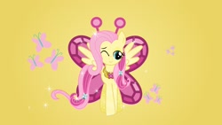 Size: 2048x1152 | Tagged: safe, artist:rocio_violeta24, imported from derpibooru, fluttershy, pegasus, pony, cutie mark background, element of kindness, female, gradient background, mare, solo