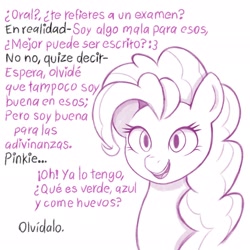 Size: 2048x2048 | Tagged: safe, artist:dorpapu, imported from derpibooru, pinkie pie, earth pony, pony, female, mare, solo, spanish, text, translation request, wall of text