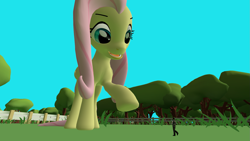 Size: 1595x897 | Tagged: safe, artist:docteurcinematicstudio, artist:mothra72, imported from derpibooru, fluttershy, human, pegasus, pony, 3d, giant pony, macro, shrinking, size comparison, smiling, tiny, wings