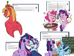 Size: 2048x1536 | Tagged: safe, artist:chub-wub, imported from derpibooru, big macintosh, pinkie pie, pipp petals, rainbow dash, rarity, twilight sparkle, alicorn, earth pony, pegasus, pony, unicorn, the last problem, adorapipp, alicornified, alternate hairstyle, ask, beard, chalk, chalkboard, clothes, coat, crown, cute, desk, diapinkes, eyes closed, eyeshadow, facial hair, female, g5, grin, jewelry, lesbian, makeup, male, mare, microphone, moustache, music, music notes, musical instrument, nuzzling, older, older rarity, older twilight, pencil, princess big mac, princess twilight 2.0, race swap, rarilight, regalia, seat, shipping, singing, smiling, stallion, swearing, tambourine, tumblr, twilight sparkle (alicorn), vulgar