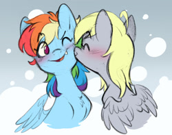 Size: 1280x1010 | Tagged: safe, artist:chub-wub, imported from derpibooru, derpy hooves, rainbow dash, pegasus, pony, blushing, cheek kiss, chest fluff, cute, cute little fangs, dashabetes, derpabetes, derpydash, duo, eyes closed, fangs, female, kissing, lesbian, mare, one eye closed, shipping, wink