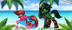 Size: 2560x1080 | Tagged: safe, artist:airiniblock, imported from derpibooru, oc, oc only, oc:kendall wilson, oc:lucid heart, pegasus, pony, beach, clothes, commission, duo, ear fluff, female, love, male, mare, ocean, pegasus oc, rcf community, socks, tree, water, wingding eyes, wings