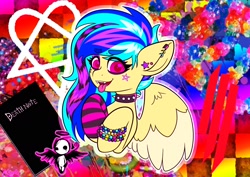 Size: 1538x1088 | Tagged: safe, artist:koapony, imported from derpibooru, oc, oc only, oc:koa, pegasus, pony, bracelet, choker, clothes, colored wings, colored wingtips, death note, ear piercing, earring, emo, eye clipping through hair, eyebrows, eyebrows visible through hair, fangs, jewelry, looking at you, open mouth, open smile, piercing, scene hair, scene kid, smiling, socks, spiked choker, spread wings, striped socks, tongue out, two toned wings, wings