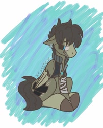 Size: 768x949 | Tagged: safe, artist:punk-blades, imported from derpibooru, oc, oc only, oc:cassio, pegasus, pony, abstract background, bandage, jewelry, male, necklace, sitting, solo, stallion