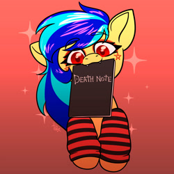 Size: 1500x1500 | Tagged: safe, artist:koapony, imported from derpibooru, oc, oc:koa, pony, book, clothes, death note, eyebrows, eyebrows visible through hair, fangs, leg warmers, looking at you, mouth hold, solo, sparkles