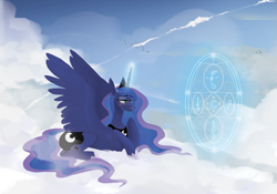 Size: 877x614 | Tagged: safe, artist:thevixvix, imported from derpibooru, princess luna, alicorn, pony, cloud, crying, female, lying down, lying on a cloud, magic, mare, on a cloud, solo