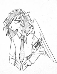 Size: 995x1280 | Tagged: safe, artist:thevixvix, imported from derpibooru, oc, oc only, anthro, pegasus, male, monochrome, necktie, solo