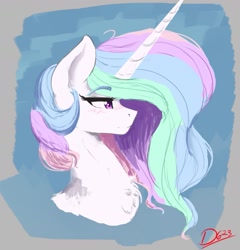 Size: 1361x1417 | Tagged: safe, artist:thelunarmoon, imported from derpibooru, princess celestia, alicorn, pony, blushing, bust, chest fluff, eyebrows, eyebrows visible through hair, female, lidded eyes, mare, profile, solo