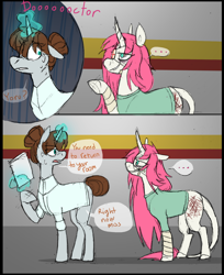 Size: 1188x1453 | Tagged: safe, artist:thevixvix, imported from derpibooru, oc, oc only, oc:lotus, oc:yoru, pony, unicorn, comic, duo, eyepatch, female, levitation, looking at each other, looking at someone, magic, mare, telekinesis