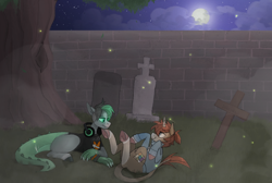 Size: 1280x859 | Tagged: safe, artist:thevixvix, imported from derpibooru, oc, oc only, classical unicorn, dracony, dragon, hybrid, pony, unicorn, cloven hooves, duo, gravestone, graveyard, hoof heart, leonine tail, lying down, moon, night, on back, underhoof, unshorn fetlocks