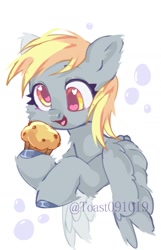 Size: 925x1440 | Tagged: safe, artist:toast091019, imported from derpibooru, derpy hooves, pegasus, pony, female, food, heart, heart eyes, mare, muffin, open mouth, open smile, simple background, smiling, solo, spread wings, white background, wingding eyes, wings