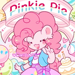 Size: 2000x2000 | Tagged: safe, artist:pinkdorisss, imported from derpibooru, pinkie pie, human, equestria girls, blushing, eared humanization, eyes closed, humanized, peace sign, solo