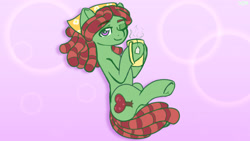 Size: 1920x1080 | Tagged: safe, artist:koapony, imported from derpibooru, tree hugger, earth pony, pony, eyebrows, eyebrows visible through hair, food, looking at you, mug, one eye closed, smiling, solo, tea, underhoof, wink, winking at you