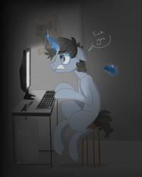 Size: 1280x1600 | Tagged: safe, artist:thevixvix, imported from derpibooru, oc, oc only, pony, unicorn, computer, dark, levitation, magic, male, sitting, stallion, telekinesis, vulgar