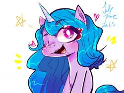 Size: 1024x768 | Tagged: safe, artist:jully-park, imported from derpibooru, izzy moonbow, pony, unicorn, female, g5, heart, mare, one eye closed, solo, stars, wink