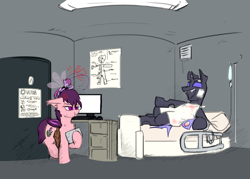 Size: 3500x2500 | Tagged: safe, artist:captainhoers, artist:stormwing, imported from derpibooru, oc, oc only, oc:lavender bloom (nighthaze), oc:tulip petal, bat pony, breezie, changeling, pony, annoyed, bed, computer, cuffs, hospital bed, hospital gown, injured, laptop computer, laughing, nighthaze, panorama