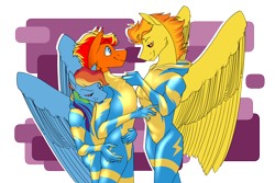 Size: 4124x2755 | Tagged: safe, artist:parrpitched, imported from derpibooru, rainbow dash, spitfire, oc, oc:fireheart(fire), anthro, pegasus, clothes, gloves, latex, latex boots, latex gloves, latex suit, rubber, rubber suit, uniform, wonderbolts, wonderbolts uniform