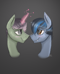 Size: 800x987 | Tagged: safe, artist:thevixvix, imported from derpibooru, oc, oc only, pony, unicorn, bust, duo, gay, looking at each other, looking at someone, male, shipping, simple background
