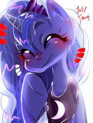 Size: 768x1024 | Tagged: safe, artist:jully-park, imported from derpibooru, princess luna, alicorn, pony, blushing, cute, eyes closed, female, lunabetes, mare, smiling, solo