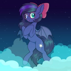 Size: 1700x1700 | Tagged: safe, alternate version, artist:koapony, imported from derpibooru, oc, oc only, bat pony, pony, bow, cloud, eyebrows, eyebrows visible through hair, freckles, glasses, hair bow, heterochromia, looking at you, night, night sky, open mouth, sky, solo, spread wings, stars, wings