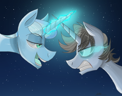 Size: 1000x789 | Tagged: safe, artist:thevixvix, imported from derpibooru, oc, oc only, oc:riki, oc:tenebris sidera, pony, unicorn, bust, duo, looking at each other, looking at someone, male, stallion