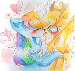 Size: 2160x2045 | Tagged: safe, artist:applejack_yokai, imported from derpibooru, applejack, rainbow dash, earth pony, pegasus, pony, appledash, blushing, female, heart, kissing, lesbian, mare, nose kiss, shipping