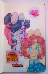 Size: 703x1080 | Tagged: safe, artist:art_bird_owl, imported from derpibooru, oc, oc only, earth pony, pony, unicorn, bust, cute, duo, earth pony oc, horn, looking at you, photo, portrait, simple background, sketch, sketch dump, sketchbook, sticker, traditional art, unicorn oc