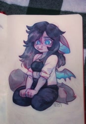 Size: 752x1080 | Tagged: safe, artist:art_bird_owl, imported from derpibooru, oc, oc only, anthro, bat pony, awkward, bat pony oc, cute, female, mare, oc name needed, photo, shy, sitting, solo, thinking, traditional art