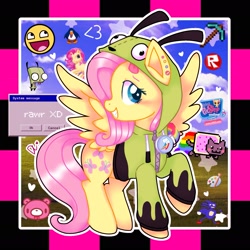 Size: 1925x1925 | Tagged: safe, artist:daylight_sketch, imported from derpibooru, fluttershy, pegasus, pony, antonymph, clothes, costume, female, fluttgirshy, gir, grin, invader zim, male, mare, microsoft, microsoft windows, minecraft, nyan cat, piercing, sanic, smiling, solo, sonic the hedgehog, sonic the hedgehog (series), starry eyes, toy, vylet pony, webcore, wingding eyes