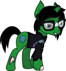 Size: 1014x1090 | Tagged: safe, artist:lightningbolt, derpibooru exclusive, imported from derpibooru, pony, undead, unicorn, zombie, zombie pony, .svg available, bags under eyes, bloodshot eyes, bone, broken glasses, broken horn, clothes, colored pupils, ear piercing, gauges, glasses, horn, lidded eyes, lip bite, lip piercing, long sleeves, male, pierce the veil, piercing, ponified, scar, show accurate, simple background, snake bites, solo, stallion, stitches, svg, tony perry, torn clothes, torn ear, transparent background, vector, walking