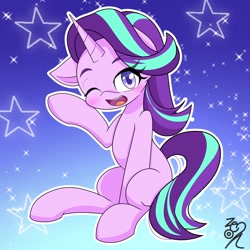 Size: 2048x2048 | Tagged: safe, artist:zeon_starlight, imported from derpibooru, starlight glimmer, pony, unicorn, blushing, cute, female, glimmerbetes, high res, looking at you, mare, one eye closed, open mouth, open smile, signature, sitting, smiling, smiling at you, solo, wink, winking at you