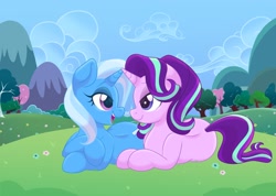 Size: 1828x1300 | Tagged: safe, artist:dr_rosemary_, imported from derpibooru, starlight glimmer, trixie, pony, unicorn, duo, duo female, eye contact, female, lesbian, looking at each other, looking at someone, lying down, mare, open mouth, open smile, prone, shipping, smiling, smiling at each other, startrix