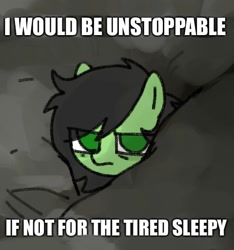 Size: 500x534 | Tagged: safe, artist:omelettepony, imported from derpibooru, oc, oc only, oc:filly anon, earth pony, pony, caption, earth pony oc, eye clipping through hair, female, filly, foal, impact font, looking at you, solo, text, tired