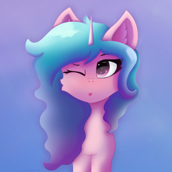 Size: 3500x3500 | Tagged: safe, artist:gaffy, imported from derpibooru, izzy moonbow, pony, unicorn, ;p, female, g5, gradient background, one eye closed, solo, tongue out, wink